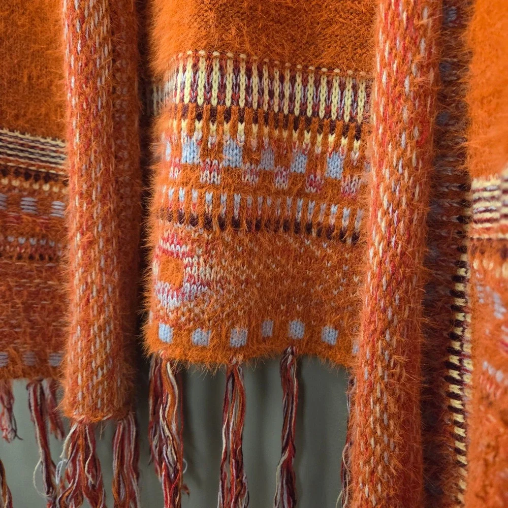 Fuzzy Boho Women's Open Front Long Cardigan Fringe Hem Orange Multi Size XL